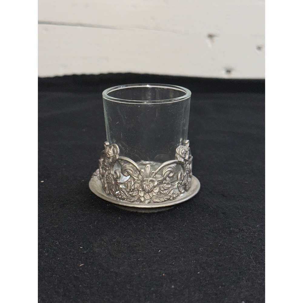 Rawcliffe Pewter 1995 Floral Rose Votive Candle Holder with Glass & Snuffer Set